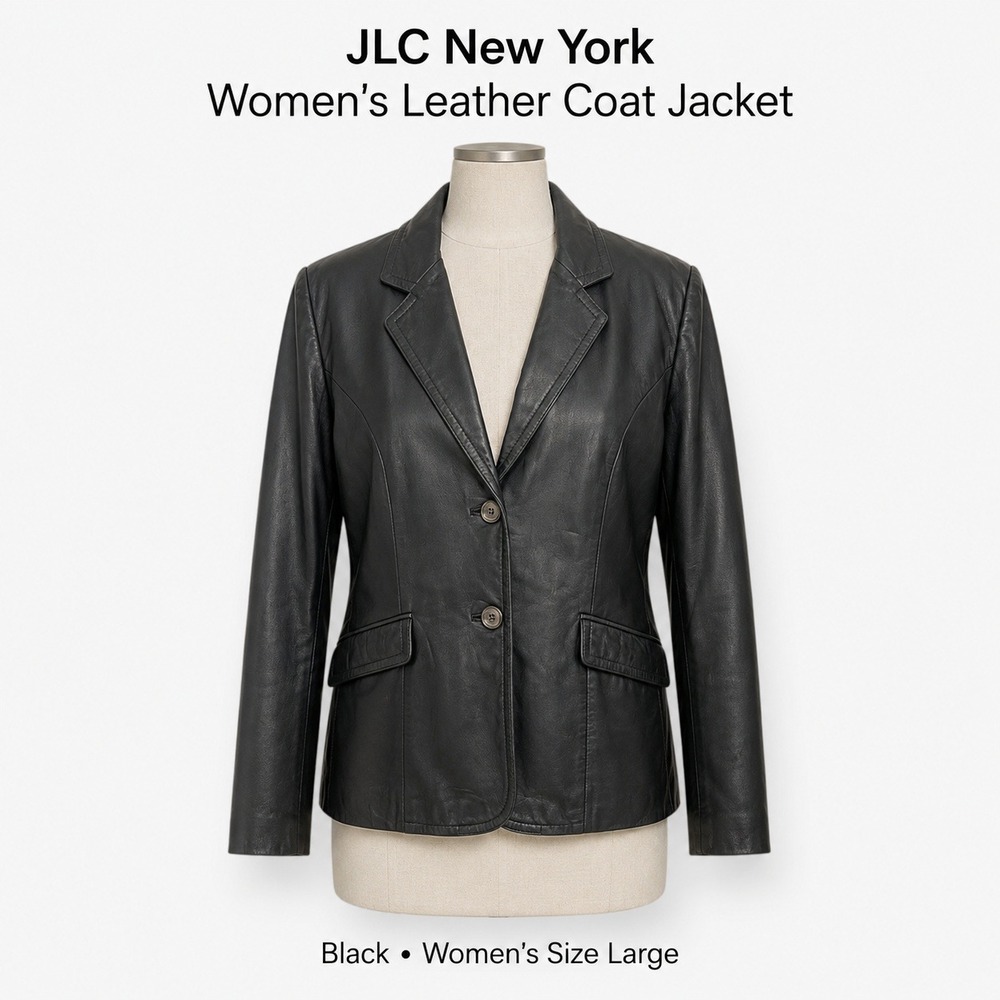 JLC New York Womens Black Genuine Leather Blazer Jacket Size Large 2 Button Flap